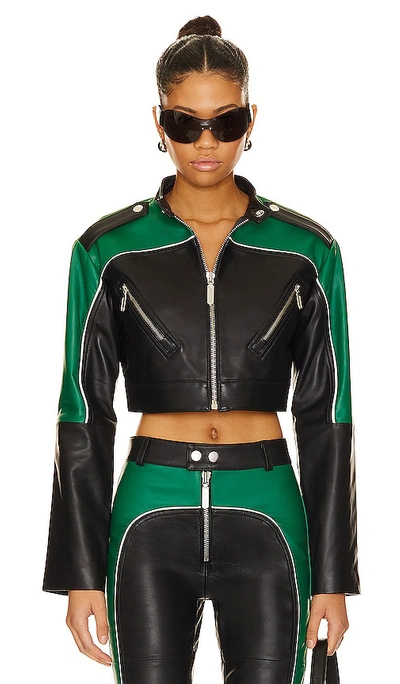 Camila Coelho Cropped Moto Biker Leather Jacket In 绿色 & 黑色