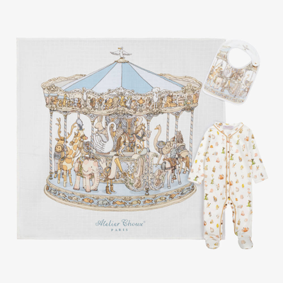 Atelier Choux Paris Ivory & Blue Cotton Babysuit Gift Set