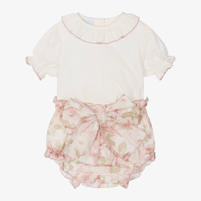 Artesania Granlei Baby Girls Ivory & Pink Floral Shorts Set