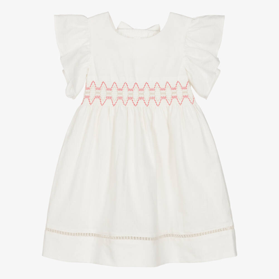 Dr Kid Kids' Girls Ivory Linen & Cotton Shirred Dress