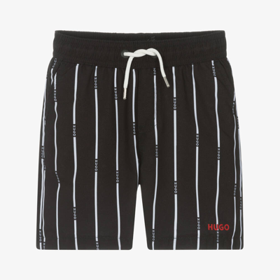 Hugo Kids' Logo-print Striped Swim Shorts In 黑色