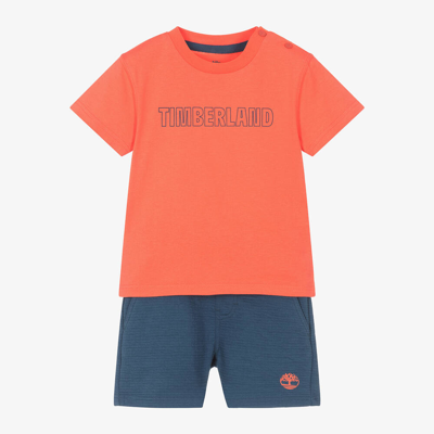 Timberland Babies' Boys Coral Red & Blue Cotton Shorts Set