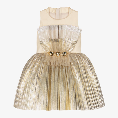 Junona Kids' Girls Pleated Gold Satin Dress