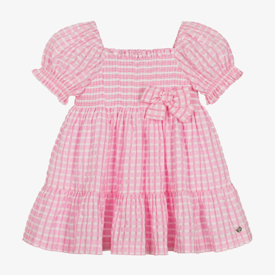 Paz Rodriguez Kids' Girls Pink Shirred Gingham Seersucker Dress