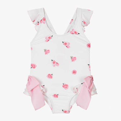 Phi Clothing Kids' Girls Ivory & Pink Rose Swimsuit In White