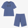 EA7 EA7 EMPORIO ARMANI TEEN BOYS MARLIN BLUE COTTON SHORTS SET