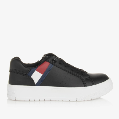 Tommy Hilfiger Teen Black Faux Leather Flag Trainers
