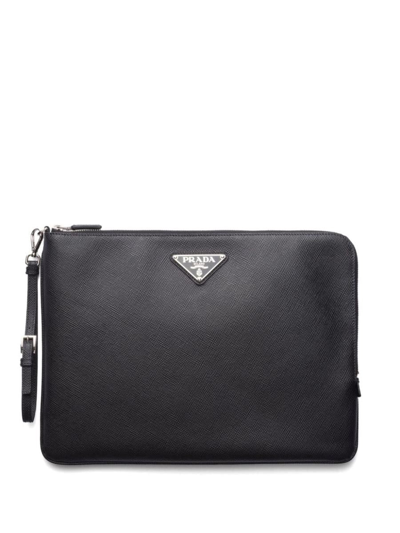 Prada Triangle-logo Leather Clutch Bag In Nero