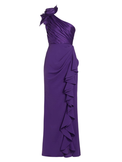 Badgley Mischka One Shoulder Rose Gown With Ruffled Bodice In Purple