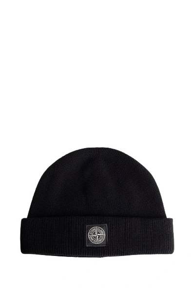 Stone Island Compass Ribbed Cotton Beanie In Black
