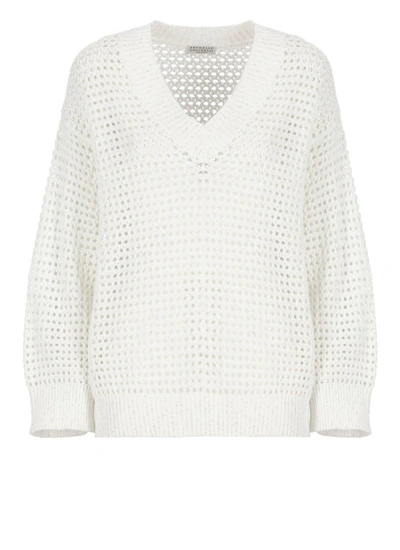 Brunello Cucinelli Open-knit Cotton Diamante Sweater In White