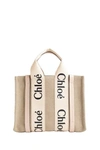 CHLOÉ BEIGE SMALL WOODY TOTE BAG IN LINEN CANVAS AND SHINY CALFSKIN