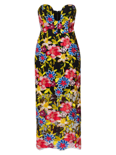 Milly Artem Spanish Garden Embroidered Strapless Cocktail Dress In Red Multi