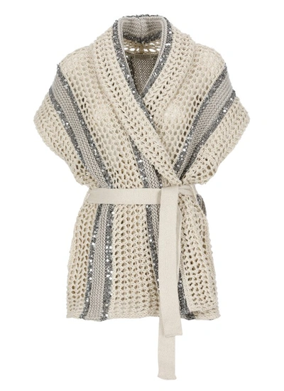 Brunello Cucinelli Cardigan With Rhinestones In Neutrals