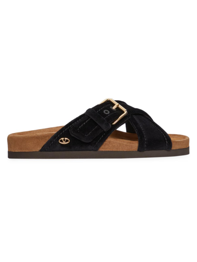 Valentino Garavani Black Velvet Cross-strap Slide Sandals For Women