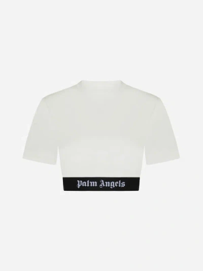 Palm Angels Logo Cotton Cropped T-shirt In Off White,black