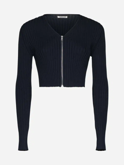 Auralee Navy Zip Cardigan In Dark Navy