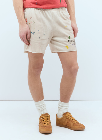 Gallery Dept. Insomnia Straight-leg Logo-print Paint-splattered Cotton-jersey Shorts In Beige