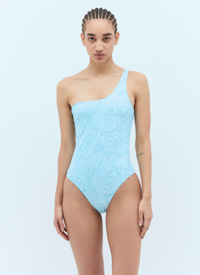 Versace One-piece One-shoulder Swimsuit In Pale Blue