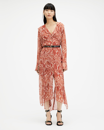 Allsaints Liana Waimea Print V-neck Maxi Dress In Red Clay