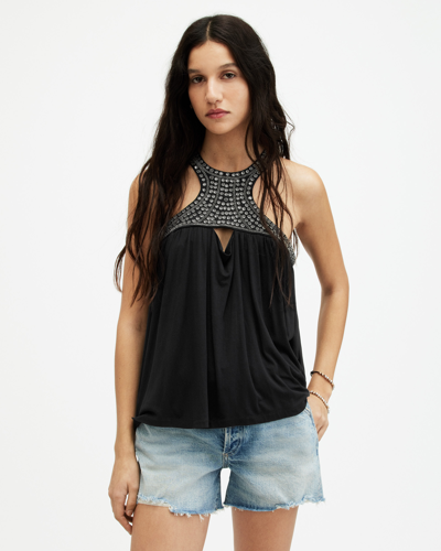 Allsaints Arizona Embellished Racer Neck Top In Black