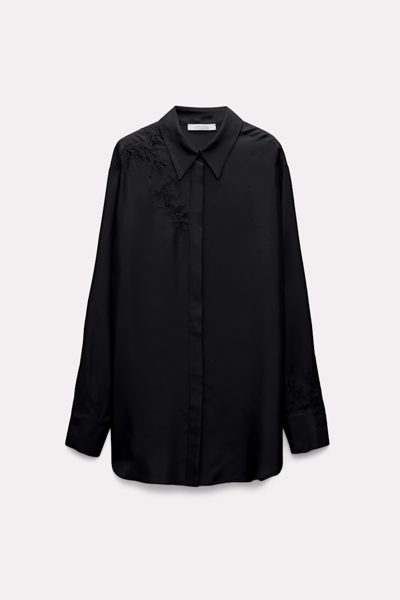 Dorothee Schumacher Silk Twill Shirt With Asymmetric Lace Inserts On One Shoulder And Sleeve In Black