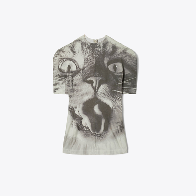 Tory Burch Cat Printed T-shirt In Gray Cat Portrait