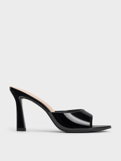 Charles & Keith Patent Open-toe Heeled Mules In Black Patent