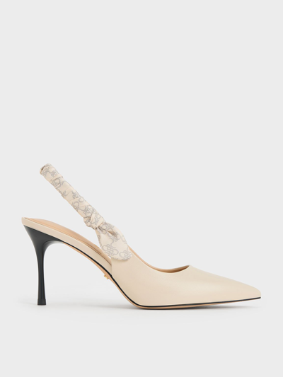 Charles & Keith Leather Ruched Print Slingback Pumps In Chalk