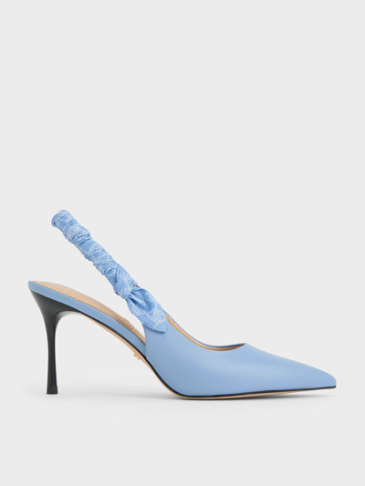 Charles & Keith Leather Ruched Print Slingback Pumps In Light Blue