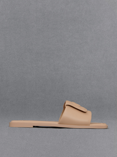 Charles & Keith Leather Slide Sandals In Nude