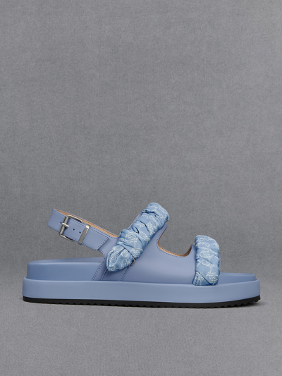 Charles & Keith Leather Ruched-strap Sandals In Light Blue