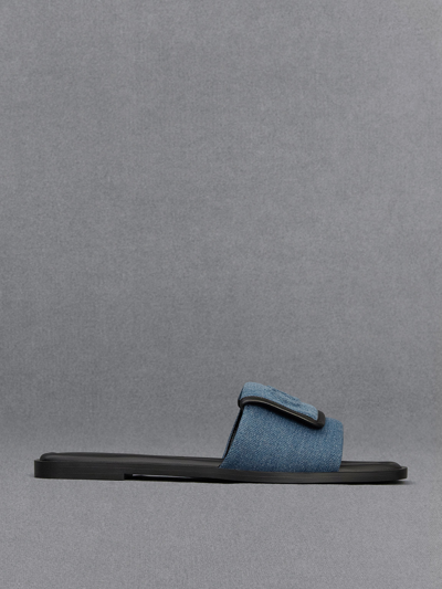 Charles & Keith Leather & Denim Slide Sandals In Blue