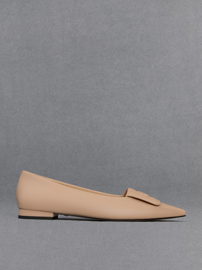 Charles & Keith Leather Pointed-toe Flats In Nude