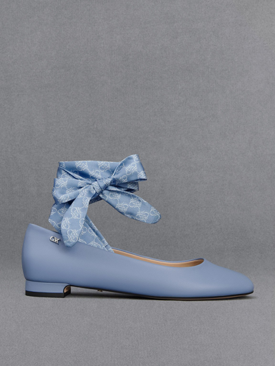 Charles & Keith Leather Monogram Tie-around Ballet Flats In Light Blue