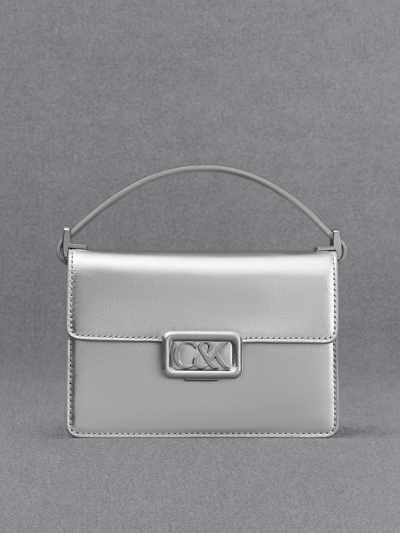 Charles & Keith Leather Metallic Boxy Bag In Silver