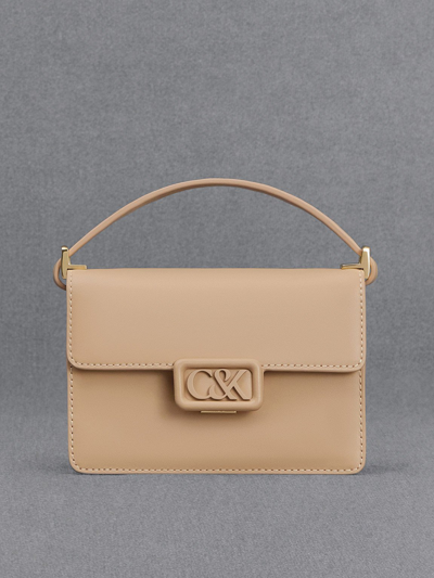 Charles & Keith Leather Boxy Bag In Nude