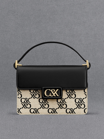 Charles & Keith Leather & Canvas Monogram Boxy Bag In Black