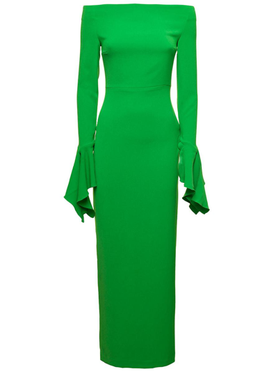 SOLACE LONDON 'AMALIE' MAXI GREEN DRESS WITH STRAIGHT NECKLINE AND VOLANT DETAIL IN POLYESTER WOMAN