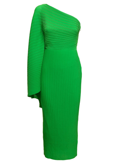 SOLACE LONDON 'LENNA' MIDI GREEN ONE-SHOULDER DRESS IN PLEATED FABRIC WOMAN