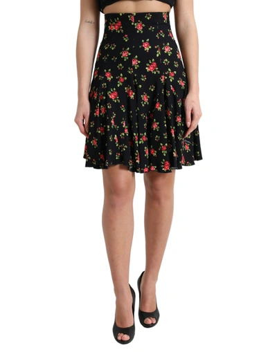 DOLCE & GABBANA BLACK ROSE PRINT HIGH WAIST A-LINE MINI SKIRT