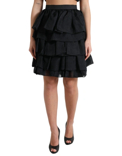 Dolce & Gabbana Black Tiered Aline High Waist Silk Mini Skirt