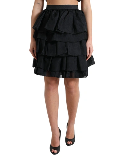 DOLCE & GABBANA BLACK TIERED ALINE HIGH WAIST SILK MINI SKIRT