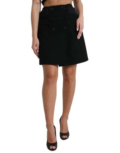 Dolce & Gabbana Black Wool Button High Waist Aline Mini Skirt