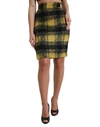 DOLCE & GABBANA YELLOW BLACK BRUSHED CHECKED WOOL PENCIL CUT SKIRT