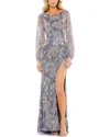 Mac Duggal Women's Embellished Illusion Long Sleeve Faux Wrap Gown In Grey
