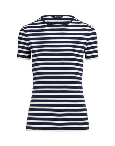 Ralph Lauren Lauren  Striped Stretch Cotton Crewneck Tee Woman T-shirt Navy Blue Size M Cotton, Elast In Blau