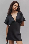 Bhldn Leila Stretch Satin Deep-v Mini Dress In Black