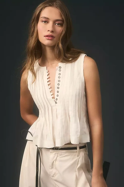 By Anthropologie Pleated Linen Tank Top In White