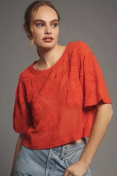 By Anthropologie Sheer Embroidered Boxy Top In Red